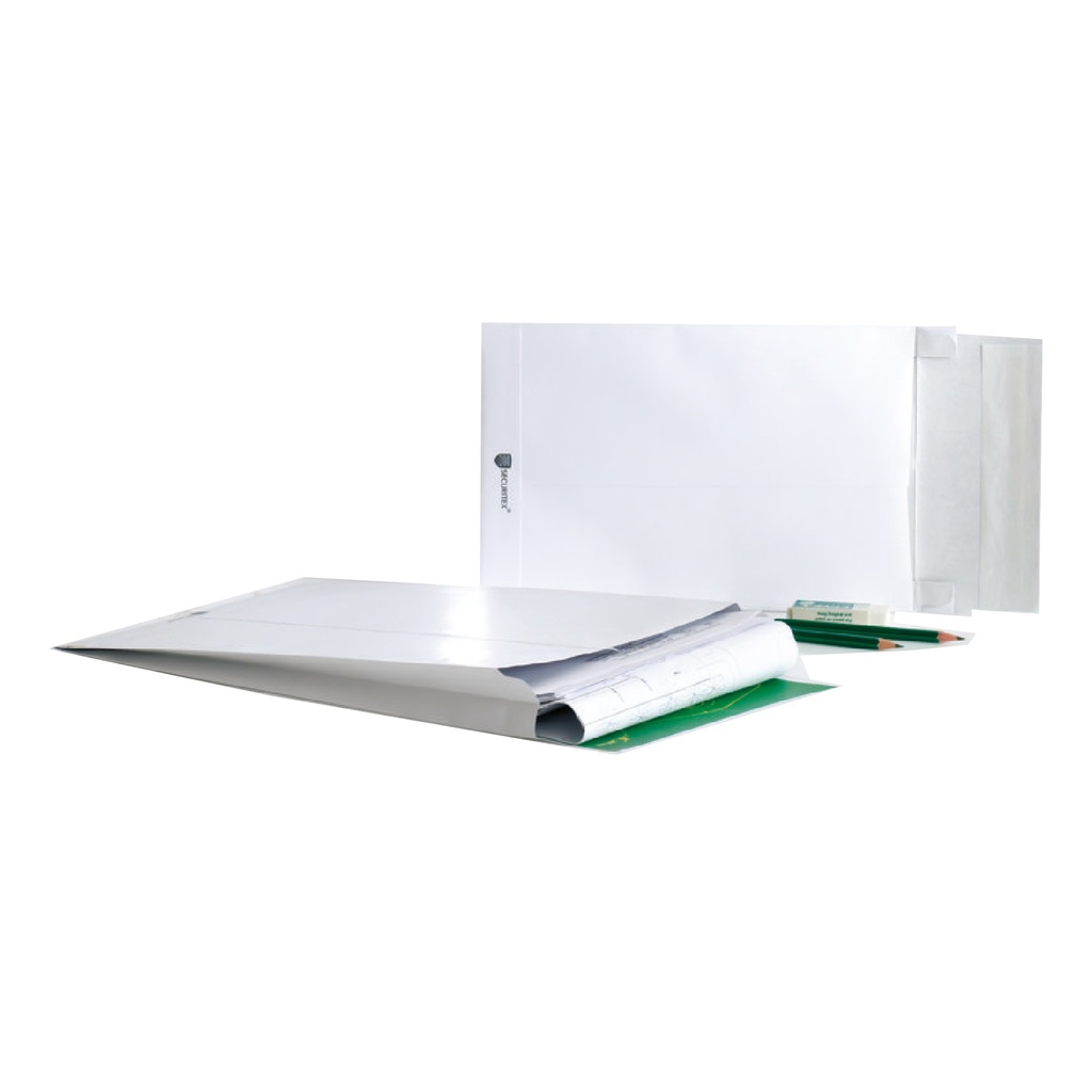 100 Buste bianche a sacco con soffietti Securitex® B4 25x35,3x3,8cm 130gr