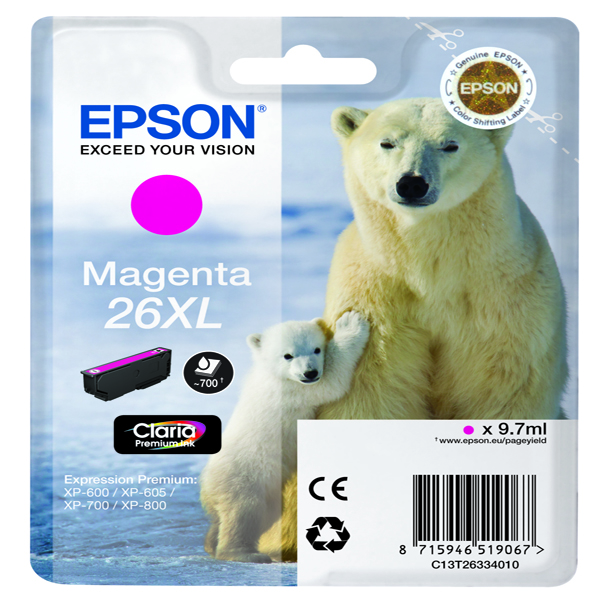CARTUCCIA MAGENTA EPSON CLARIA PREMIUM, SERIE 26XL/ORSO POLARE, IN BLISTER