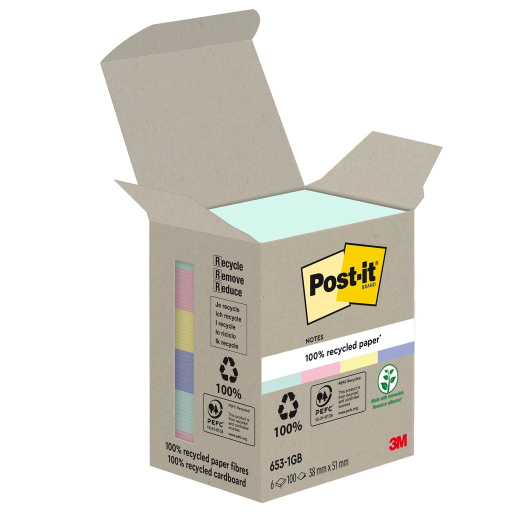 Cf. 6pz blocco 100fg. Post-it® Notes Green 38x51mm 653-1GB NATURAL