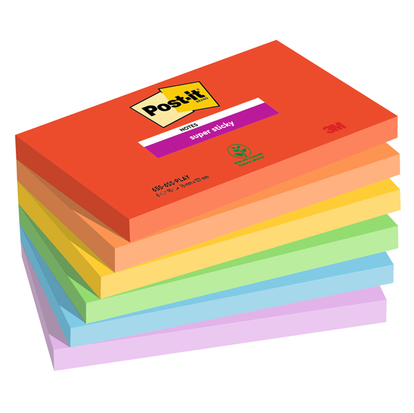 Cf. 6pz blocco 90foglietti Post-it® Super Sticky 76x127mm 655-6SS-PLAY Playful