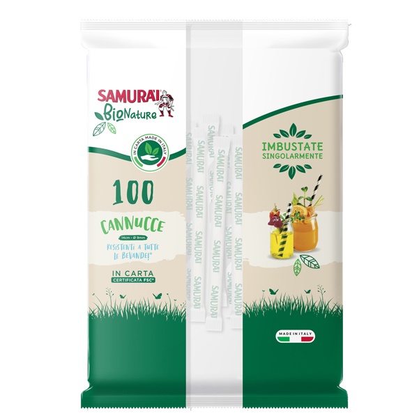 Conf. 100 Cannucce in carta imb. sing.14cm nere/bianco e bianco/avana Samurai (D