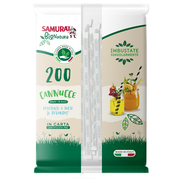 Conf. 200 Cannucce in carta imb. sing. 24cm nere e nere-bianche Samurai Party (D