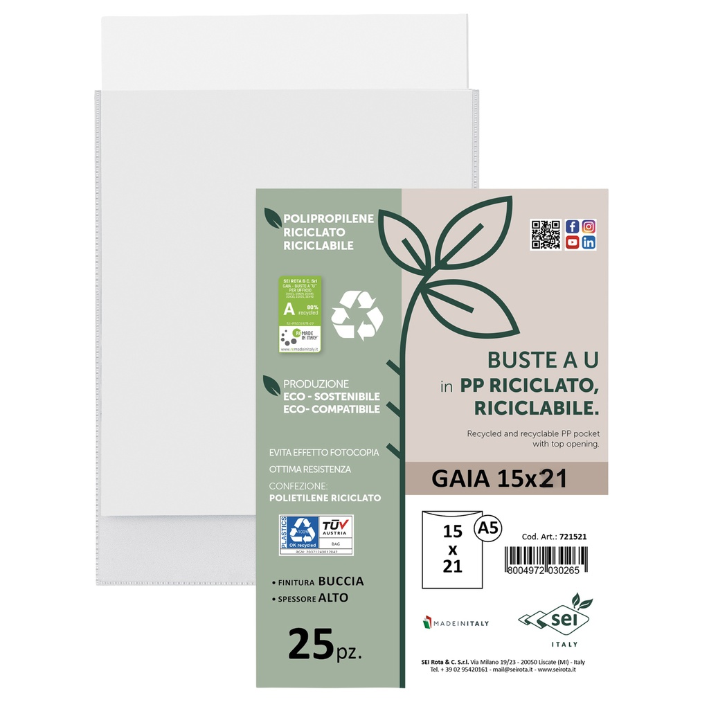 Conf 25 Buste a U in PP riciclato 15X21cm GAIA Sei rota