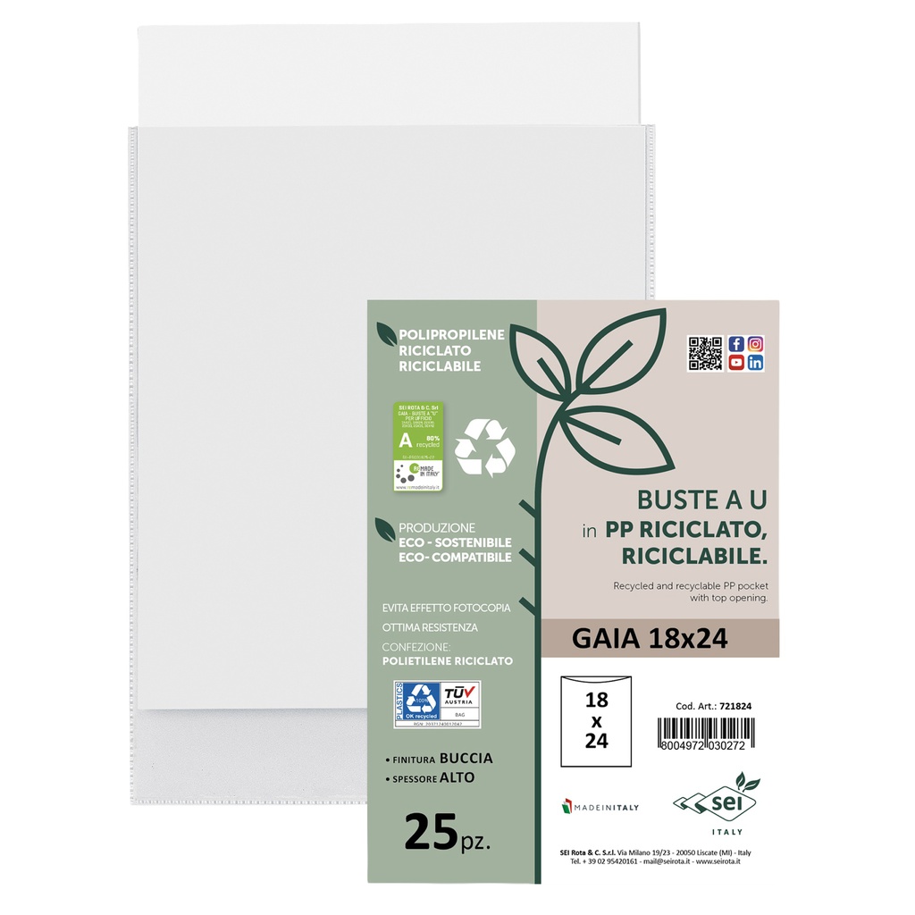 Conf 25 Buste a U in PP riciclato 18x24cm GAIA Sei rota