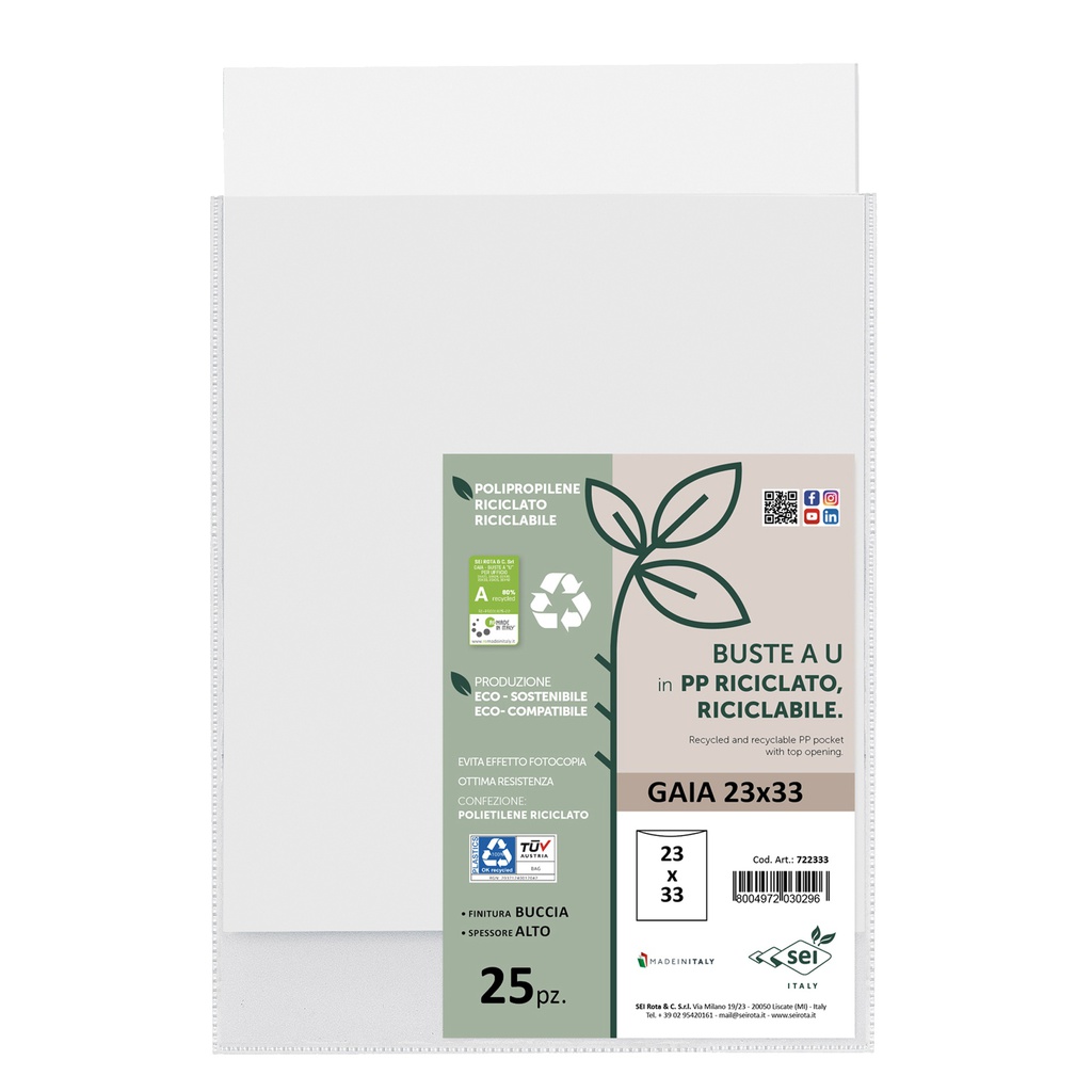 Conf 25 Buste a U in PP riciclato 23x33cm GAIA Sei rota