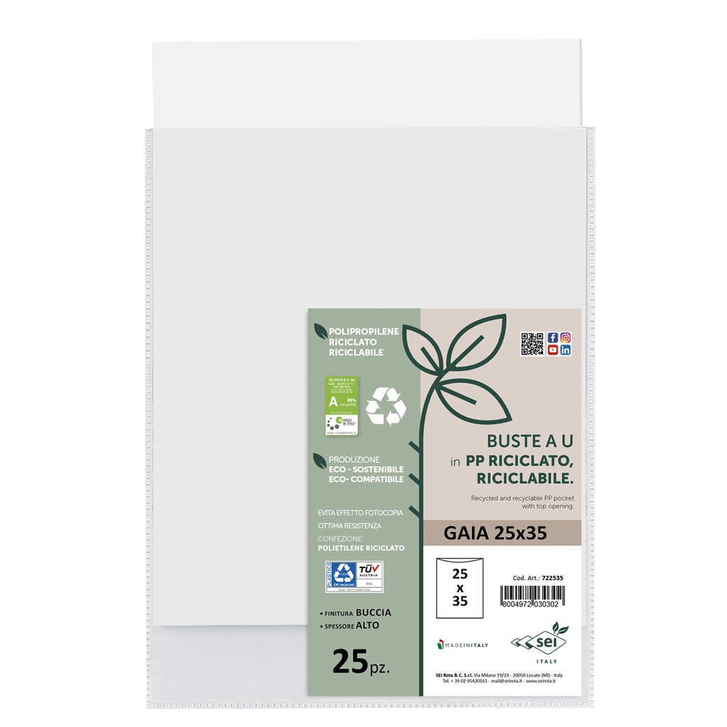 Conf 25 Buste a U in PP riciclato 25x35cm GAIA Sei rota