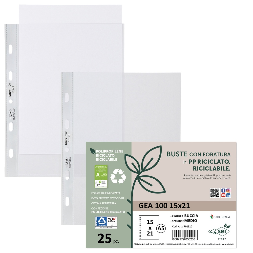 Conf 25 Buste forate in PP riciclato buccia medium 15X21cm GEA 100 Sei rota