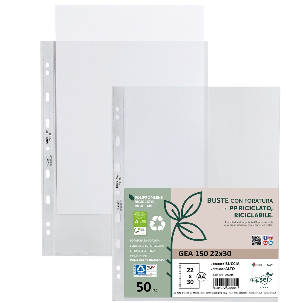 Conf 50 Buste forate in PP riciclato buccia pesante 22x30cm GEA 150 Sei rota