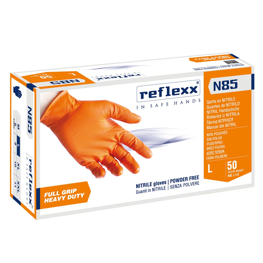 Conf 50 Guanti In Nitrile N85 arancione tg L ultra resistenti Reflexx