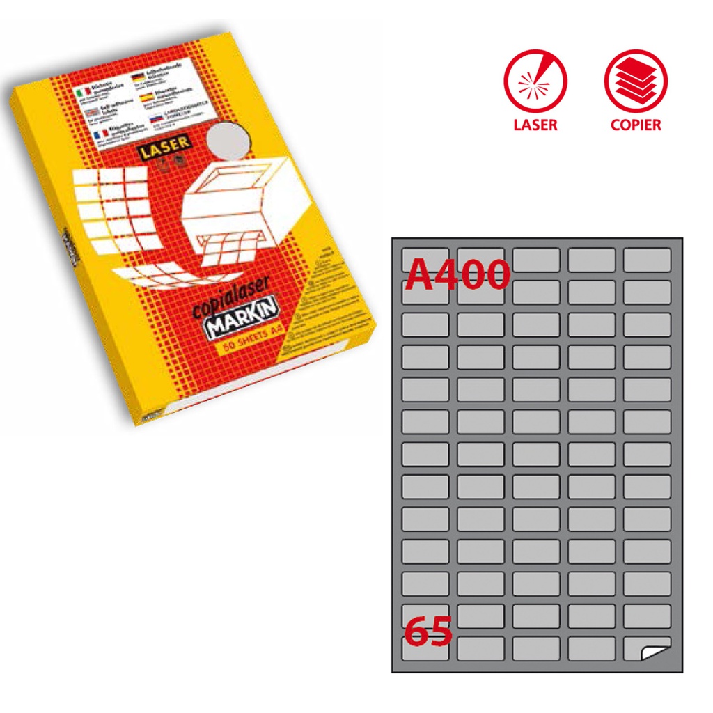 Etichetta adesiva A/400 argento 100fg A4 laser 38,1x21,2mm (65et/fg Markin