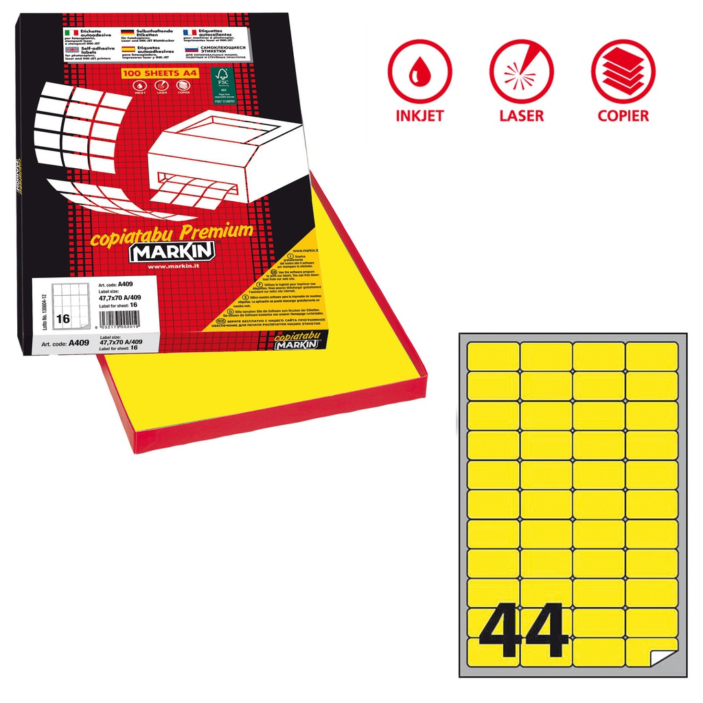 Etichetta adesiva A/406 giallo fluo 100fg A4 47,5x25,5mm (44et/fg Markin