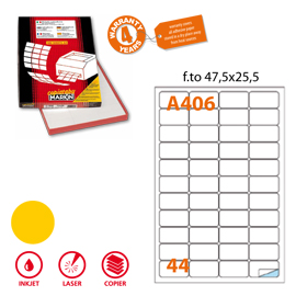 Etichetta adesiva A/406 giallo fluo 100fg A4 47,5x25,5mm (44et/fg Markin