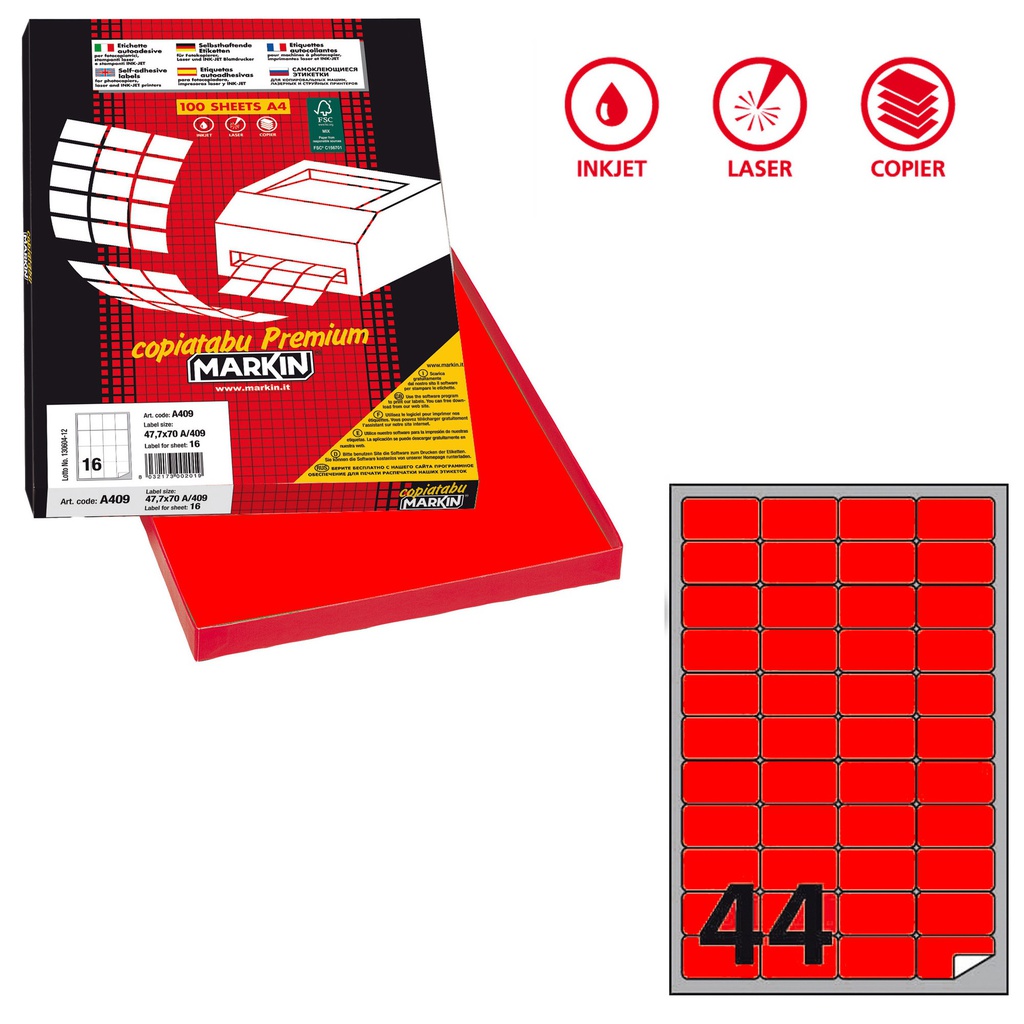 Etichetta adesiva A/406 rosso fluo 100fg A4 47,5x25,5mm (44et/fg Markin