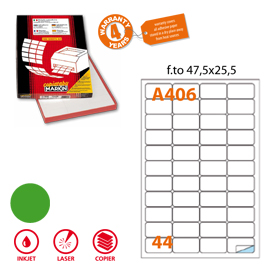 Etichetta adesiva A/406 verde fluo 100fg A4 47,5x25,5mm (44et/fg Markin