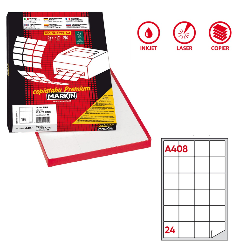 Etichetta adesiva A/408 bianca 100fg A4 47,5X46,5mm (24eti/fg Markin
