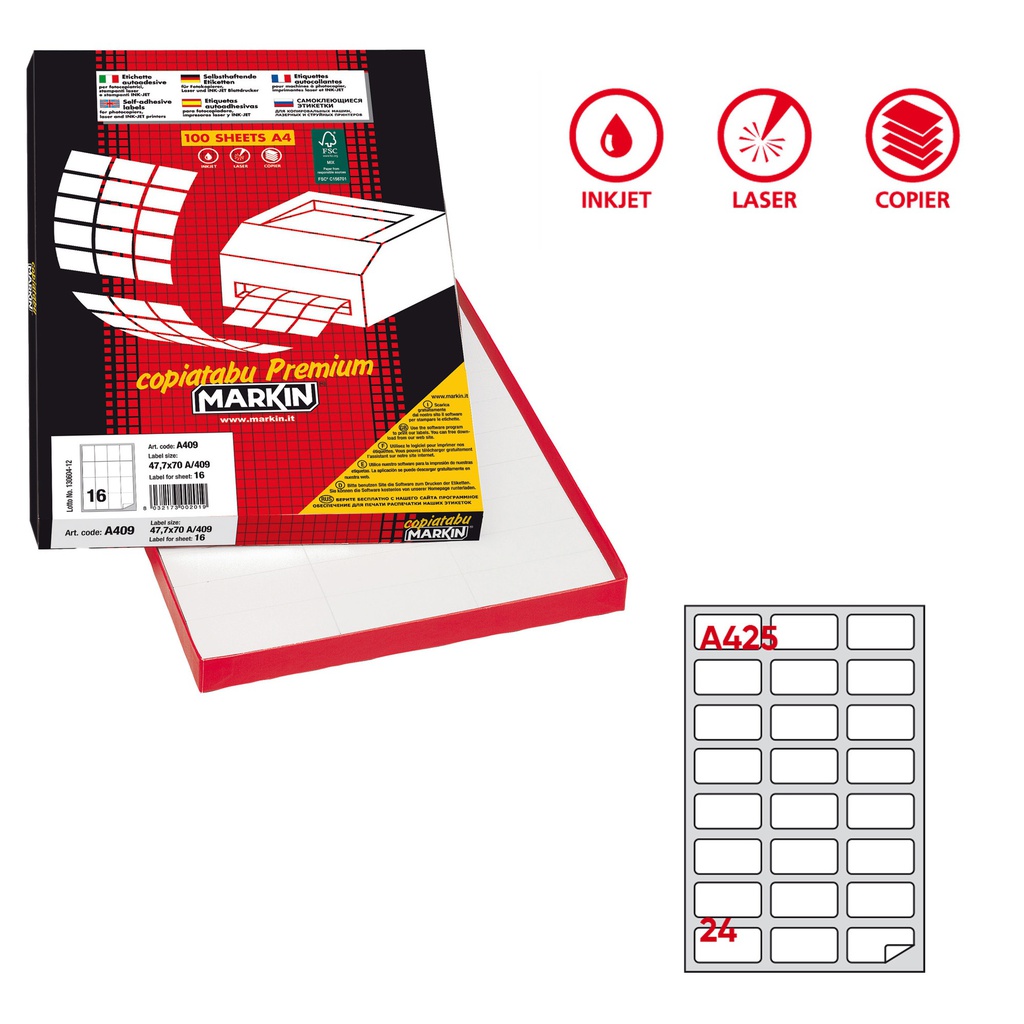 Etichetta adesiva A/425 bianca 100fg A4 64x34mm (24eti/fg Markin