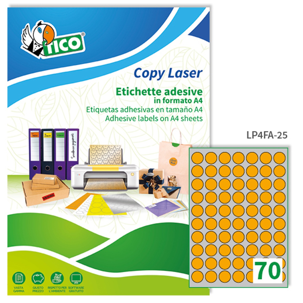 Etichetta adesiva arancio fluo 70fg A4 tonda D25mm (70et/fg Tico