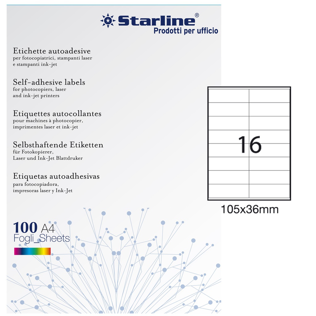 Etichetta adesiva bianca 100fg A4 105x36mm (16et/fg STARLINE