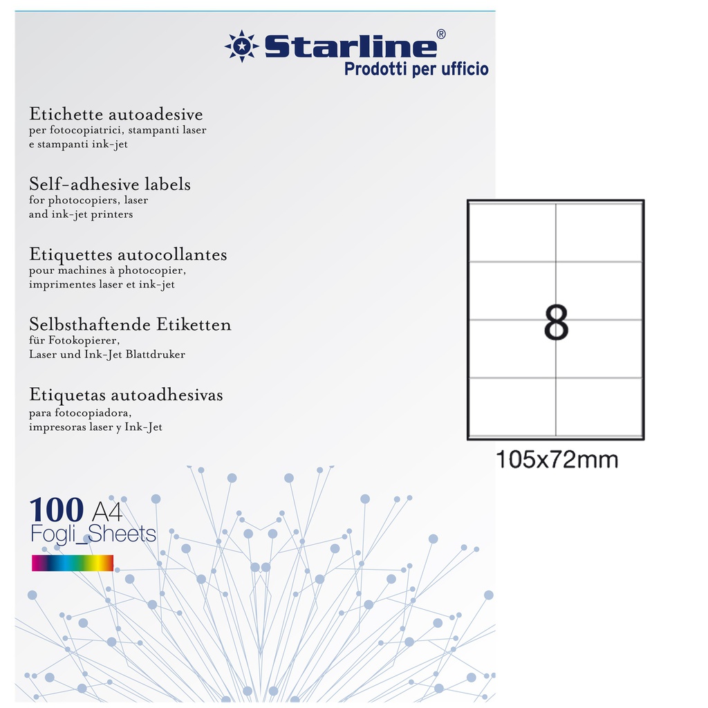 Etichetta adesiva bianca 100fg A4 105x72mm (8et/fg STARLINE