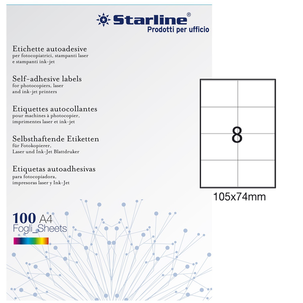 Etichetta adesiva bianca 100fg A4 105x74mm (8et/fg STARLINE