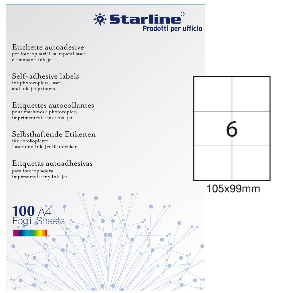 Etichetta adesiva bianca 100fg A4 105x99mm (6et/fg STARLINE