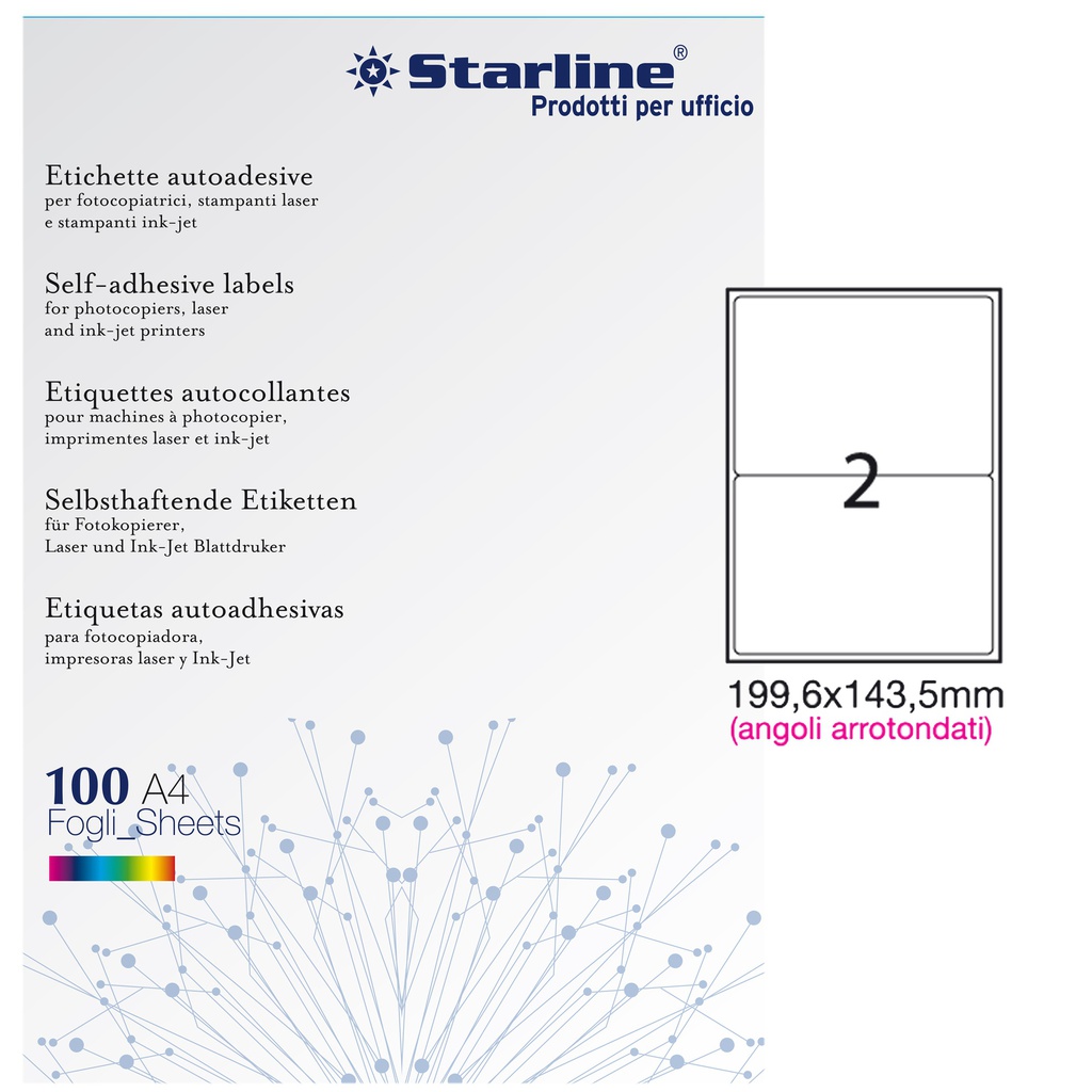 Etichetta adesiva bianca 100fg A4 199,6x143,5mm (2et/fg angoli tondi STARLINE