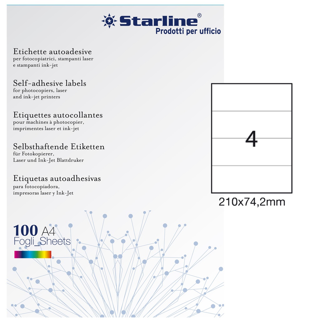 Etichetta adesiva bianca 100fg A4 210x74,2mm (4et/fg STARLINE