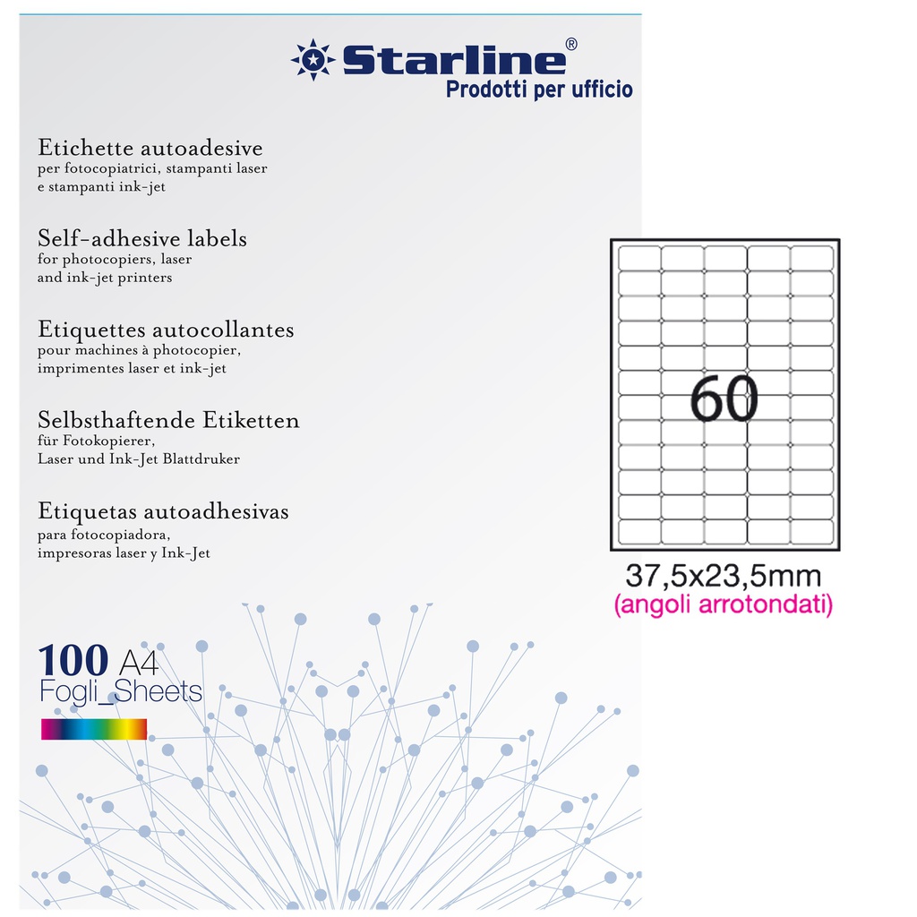 Etichetta adesiva bianca 100fg A4 37,5x23,5mm (60et/fg angoli tondi STARLINE