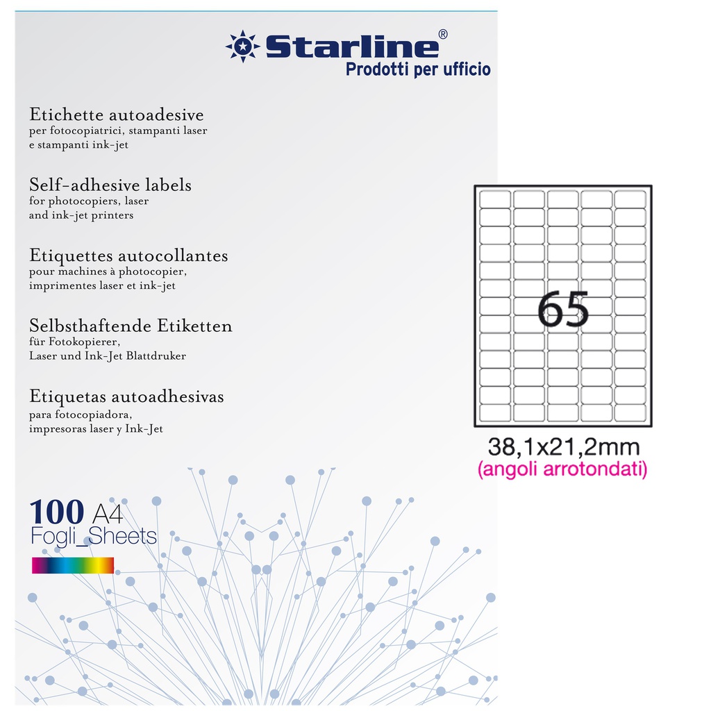 Etichetta adesiva bianca 100fg A4 38,1x21,2mm (65et/fg angoli tondi STARLINE