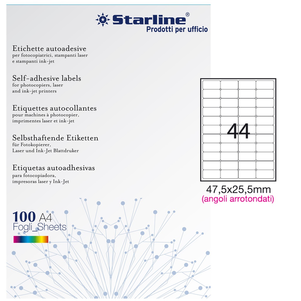 Etichetta adesiva bianca 100fg A4 47,5x25,5mm (44et/fg angoli tondi STARLINE