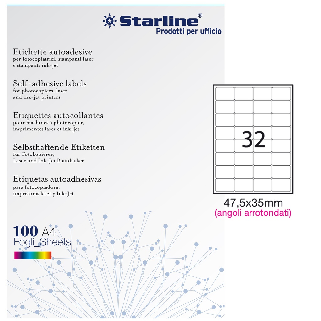 Etichetta adesiva bianca 100fg A4 47,5x35mm (32et/fg angoli tondi STARLINE