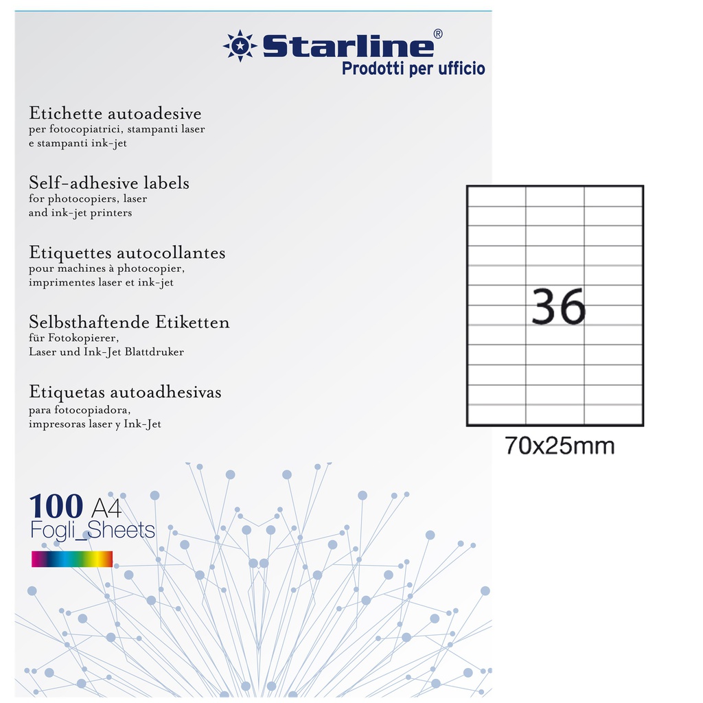 Etichetta adesiva bianca 100fg A4 70x25mm (36et/fg STARLINE