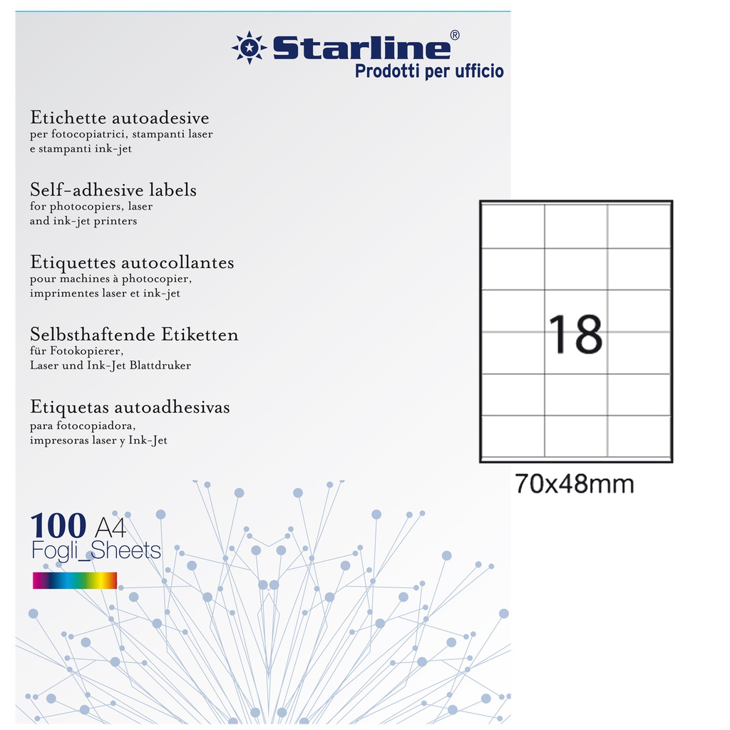 Etichetta adesiva bianca 100fg A4 70x48mm (18et/fg STARLINE