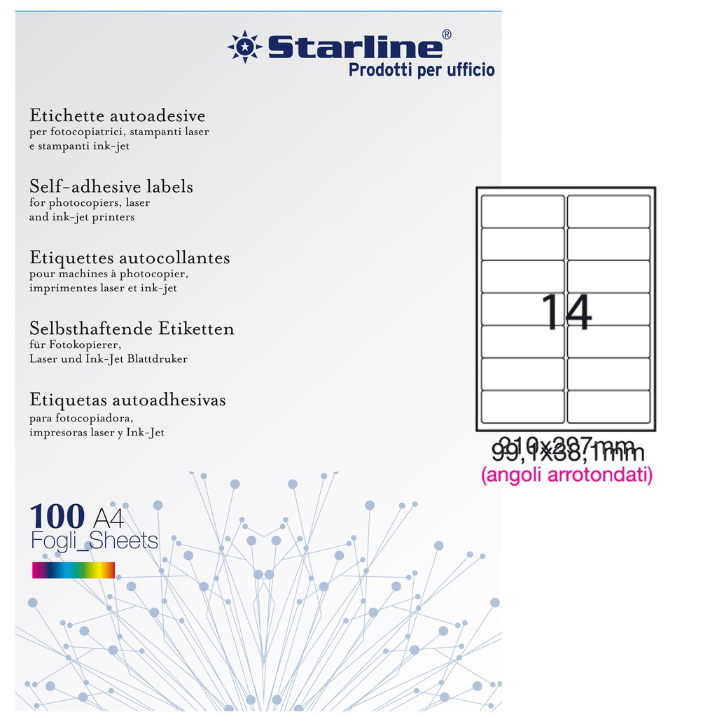 Etichetta adesiva bianca 100fg A4 99,1x38,1mm (14et/fg angoli tondi STARLINE