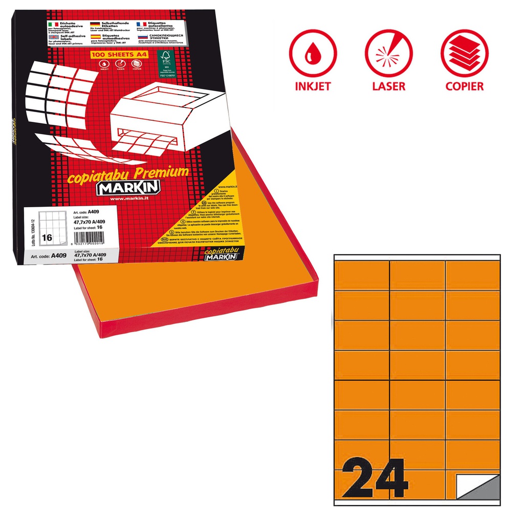 Etichetta adesiva C/500 arancio fluo 100fg A4 70x36mm (24et/fg Markin