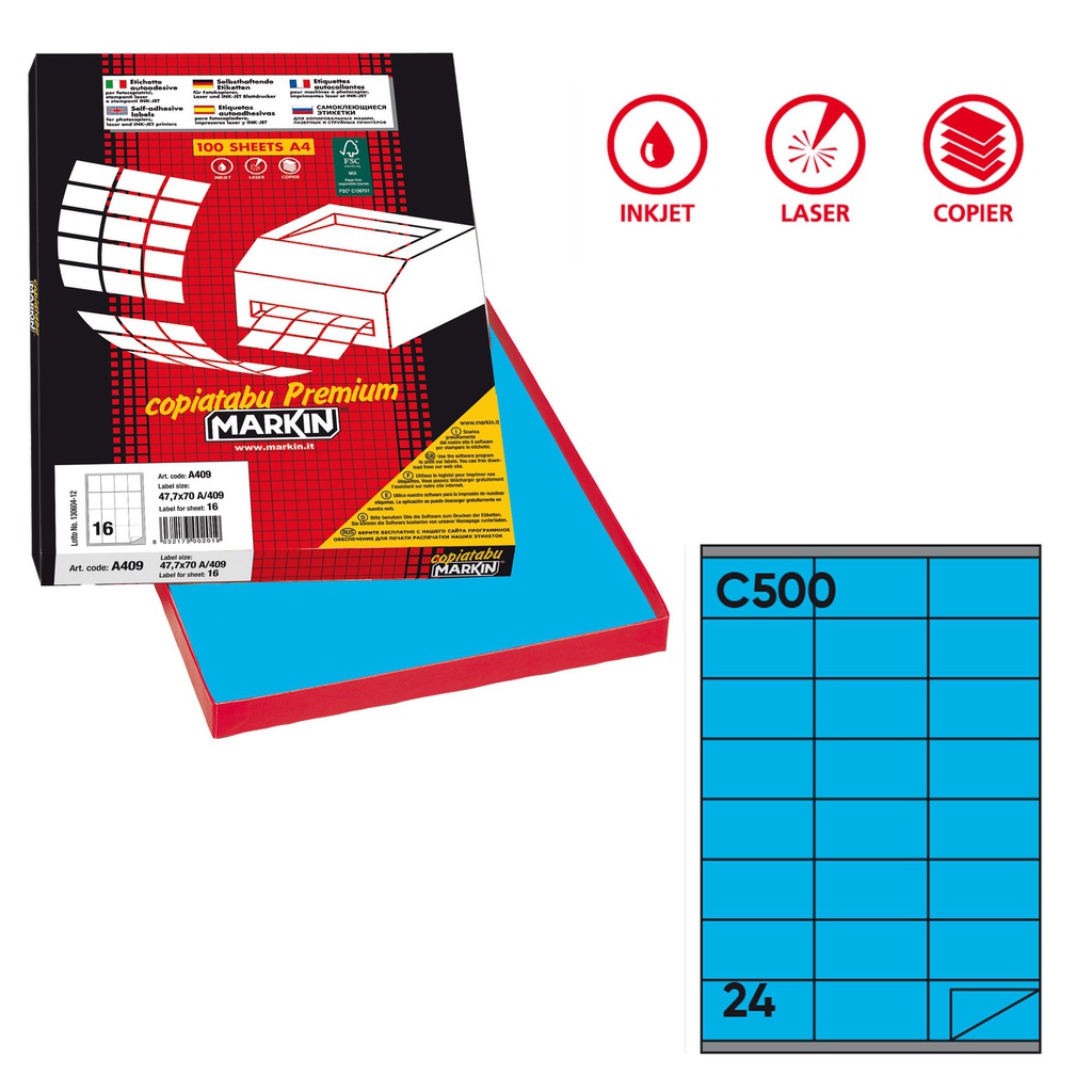 Etichetta adesiva C/500 blu 100fg A4 70x36mm (24et/fg Markin