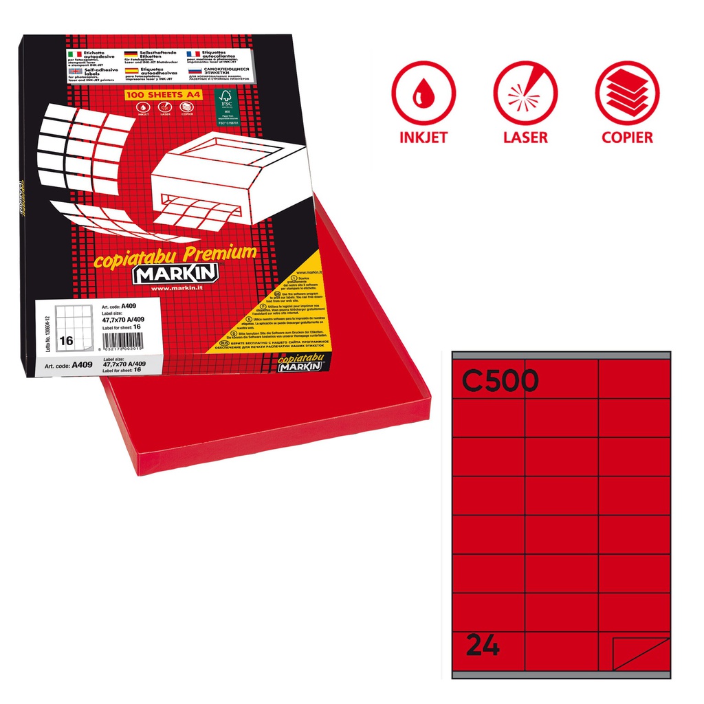 Etichetta adesiva C/500 rosso 100fg A4 70x36mm (24et/fg Markin