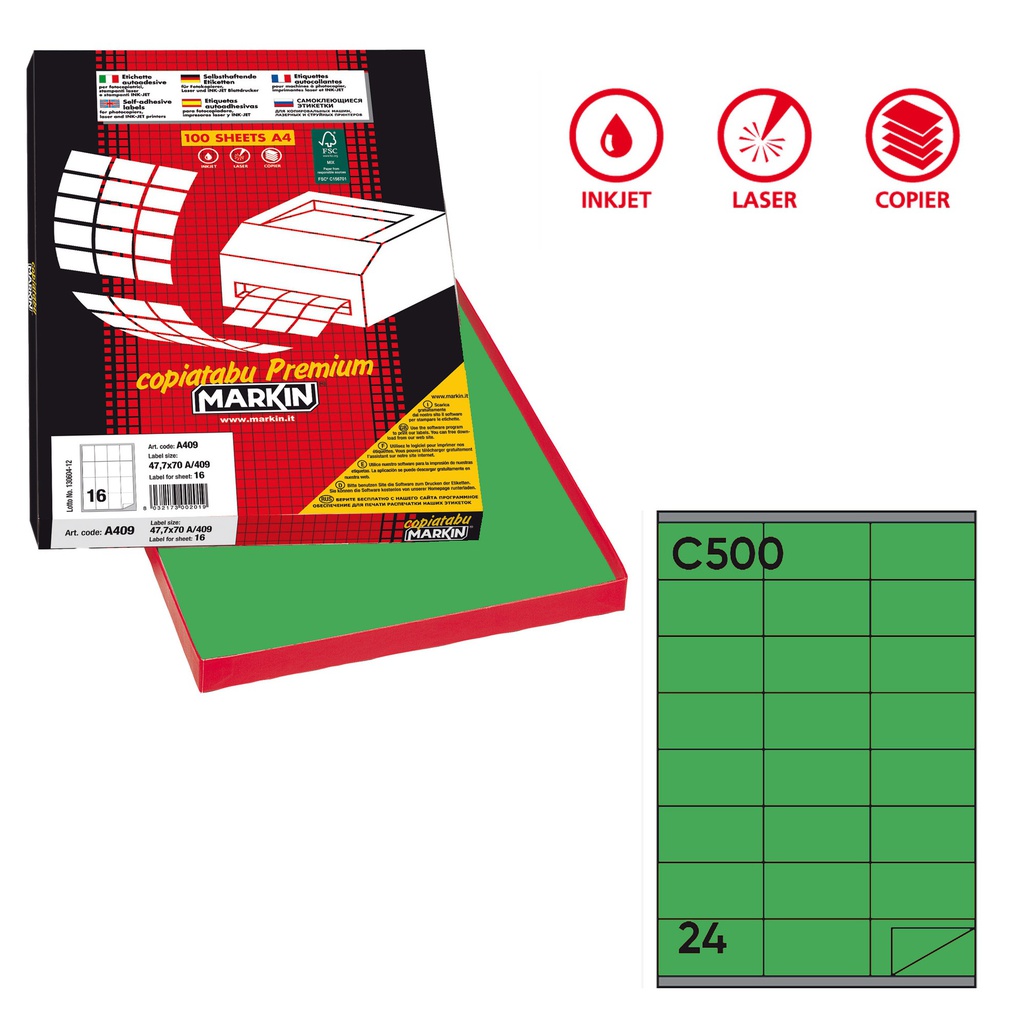 Etichetta adesiva C/500 verde 100fg A4 70x36mm (24et/fg Markin
