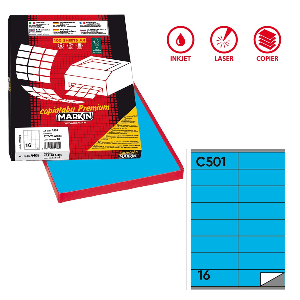 Etichetta adesiva C/501 blu 100fg A4 105x36mm (16et/fg Markin