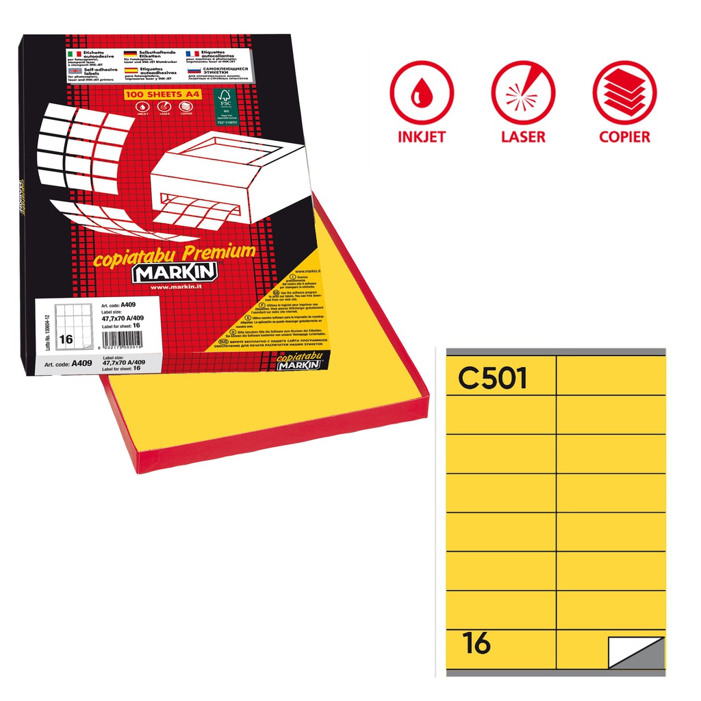 Etichetta adesiva C/501 giallo 100fg A4 105x36mm (16et/fg Markin