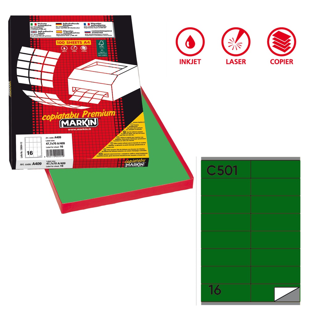 Etichetta adesiva C/501 verde 100fg A4 105x36mm (16et/fg Markin
