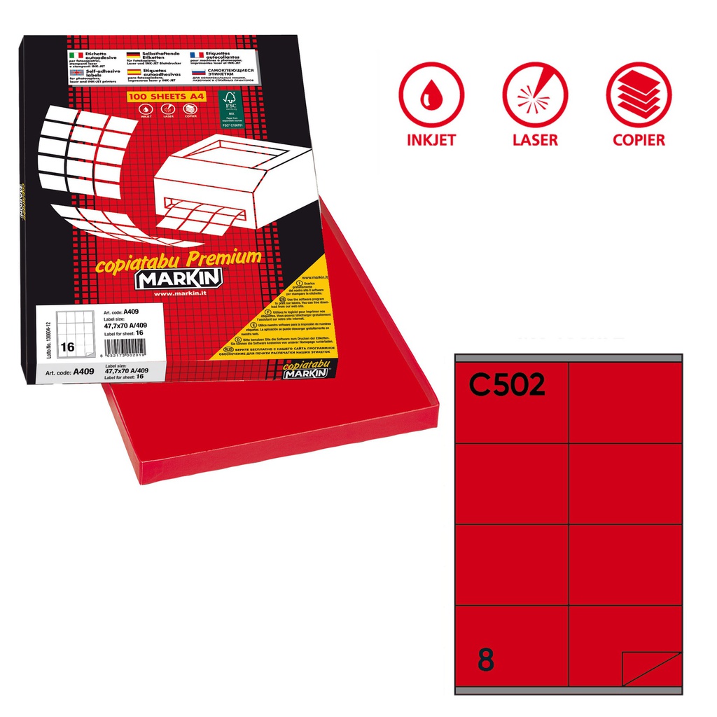 Etichetta adesiva C/502 rosso 100fg A4 105x72mm (8et/fg Markin