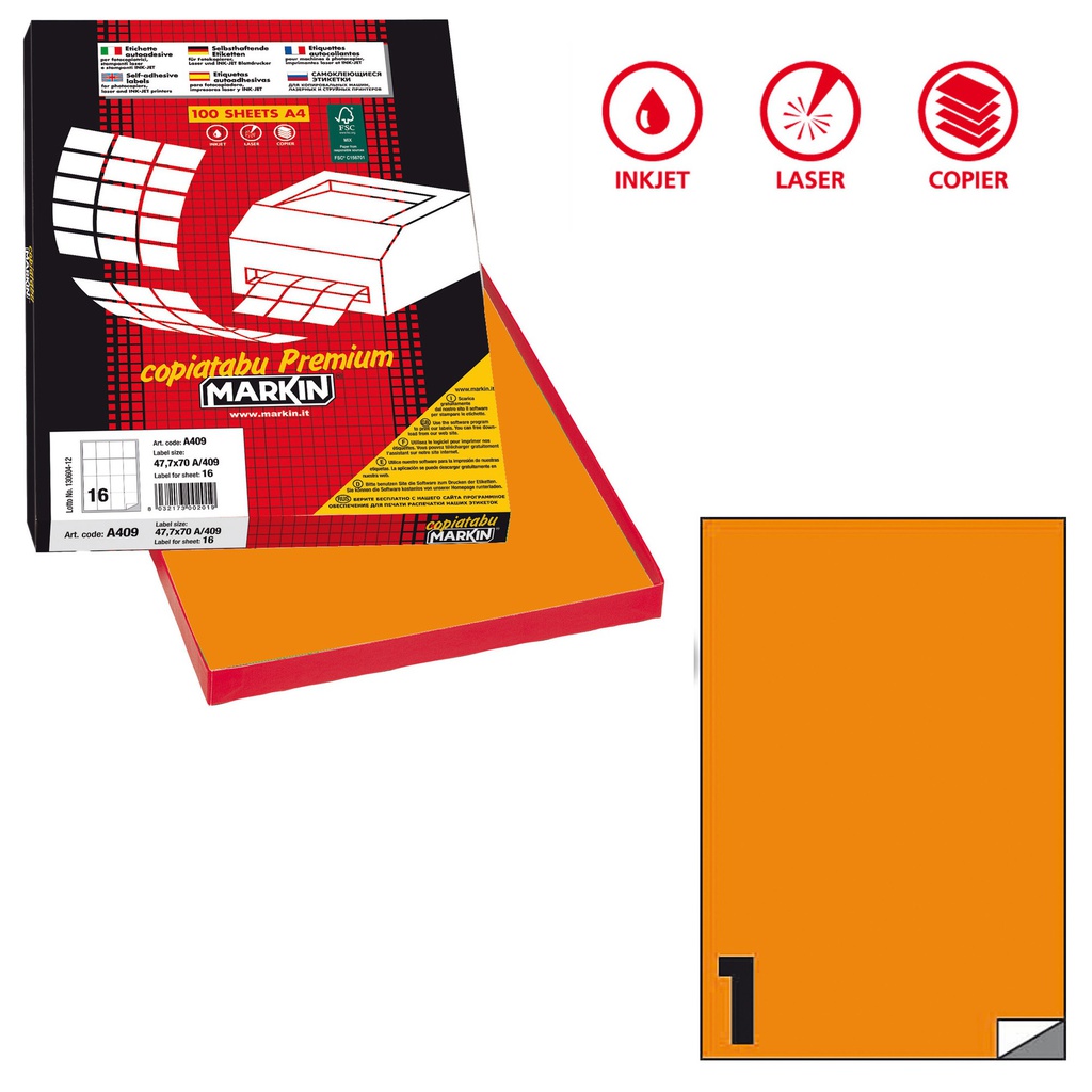 Etichetta adesiva C/503 arancio fluo 100fg A4 210x297mm (1et/fg Markin