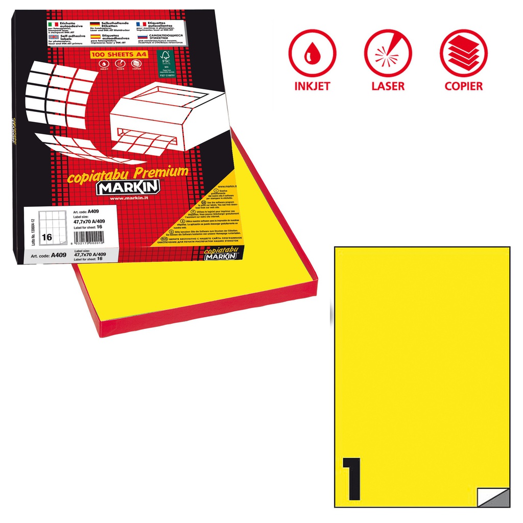 Etichetta adesiva C/503 giallo fluo 100fg A4 210x297mm (1et/fg Markin