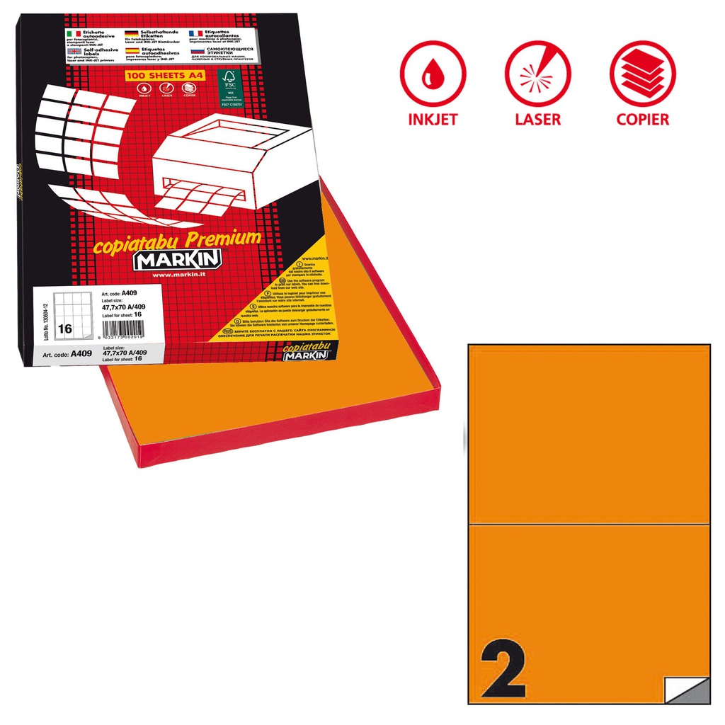 Etichetta adesiva C/509 arancio fluo 100fg A4 210x148,5mm (2et/fg Markin