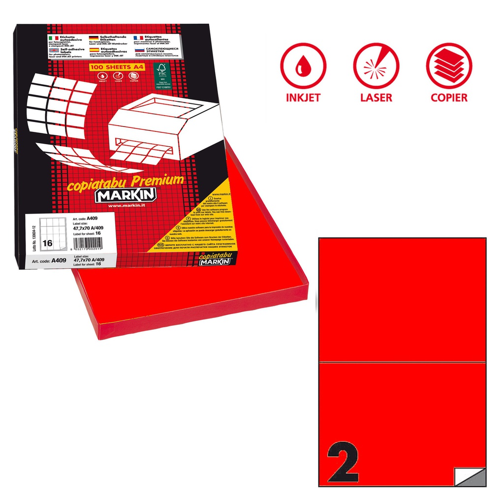 Etichetta adesiva C/509 rosso fluo 100fg A4 210x148,5mm (2et/fg Markin