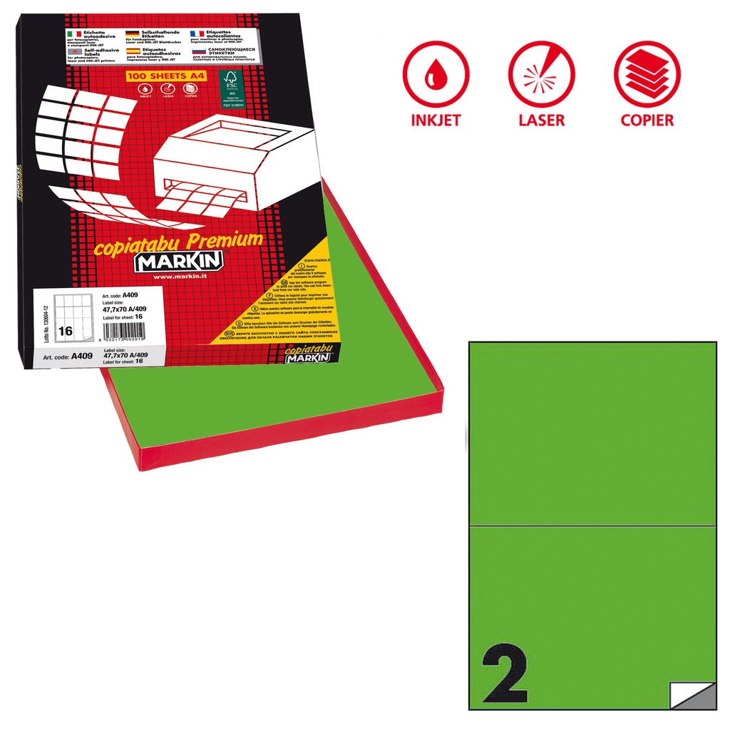 Etichetta adesiva C/509 verde fluo 100fg A4 210x148,5mm (2et/fg Markin