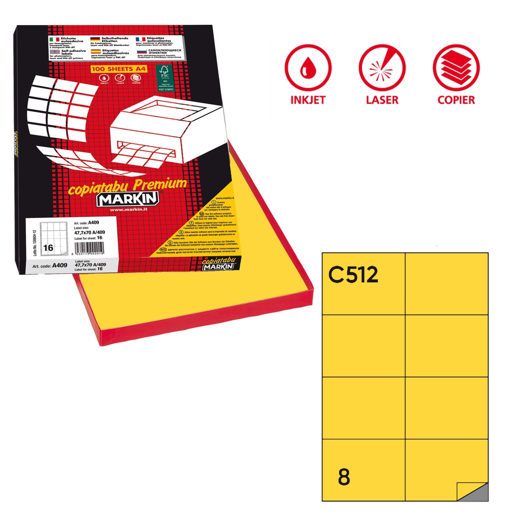 Etichetta adesiva C/512 giallo 100fg A4 105x74,25mm (8et/fg Markin