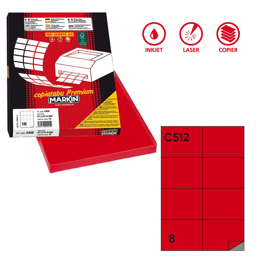 Etichetta adesiva C/512 rosso 100fg A4 105x74,25mm (8et/fg Markin