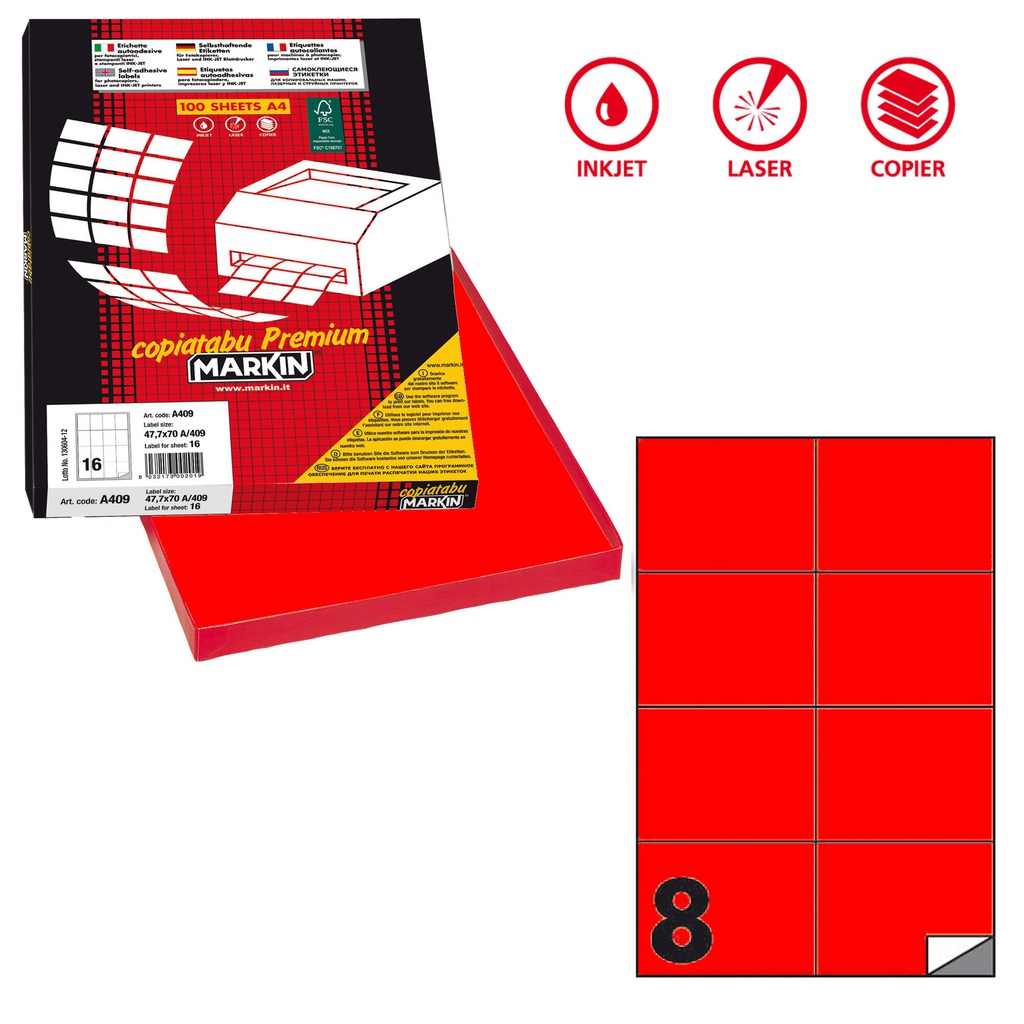 Etichetta adesiva C/512 rosso fluo 100fg A4 105x74,25mm (8et/fg Markin